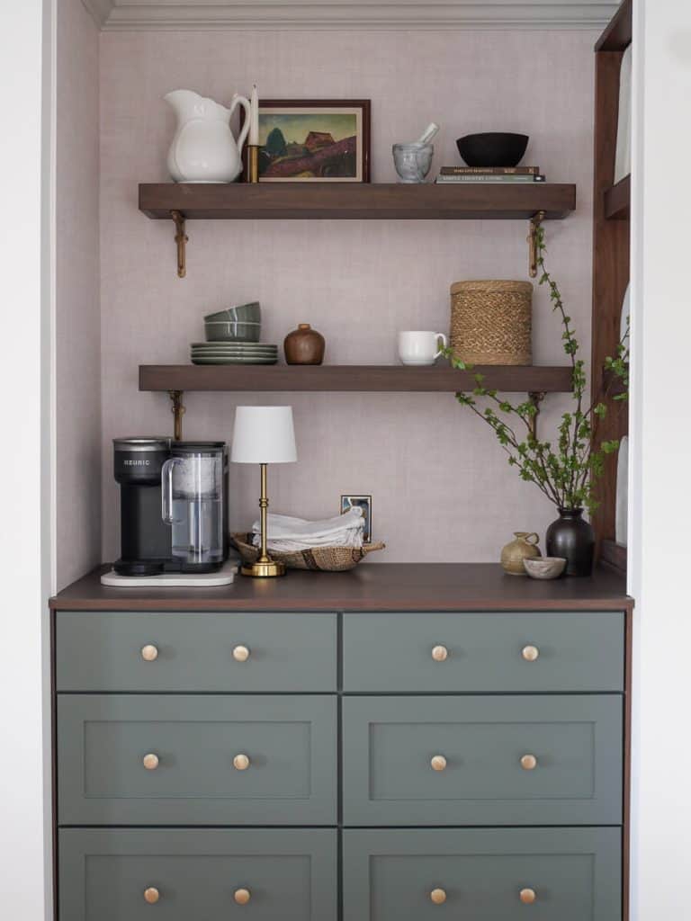 Coffee bar shelves styled with decor.