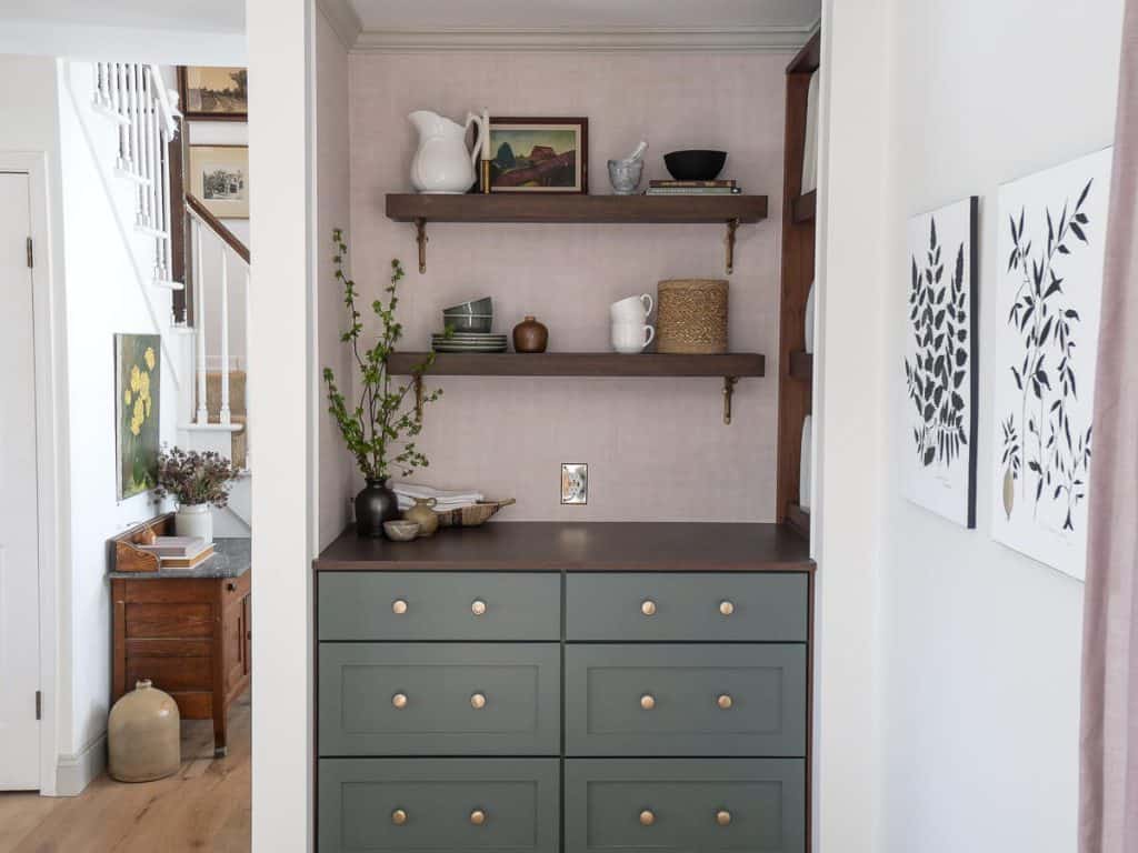 Coffee bar shelves styled.