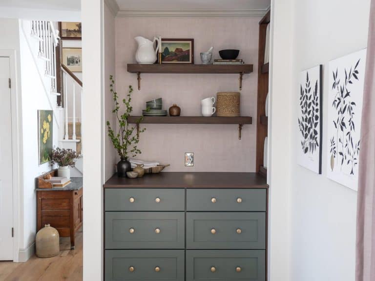 Coffee bar shelves styled.