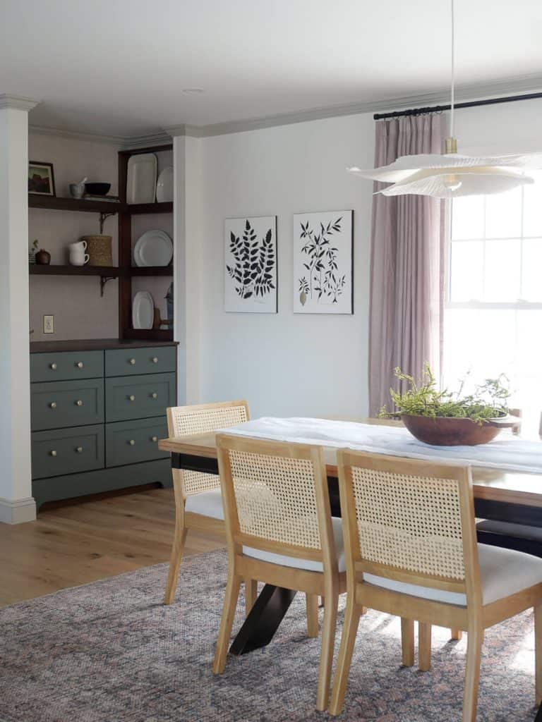 Dining room with a DIY plate rack.