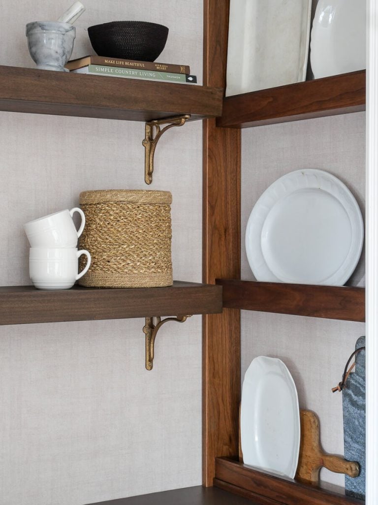 Poplar shelves next to walnut plate rack.