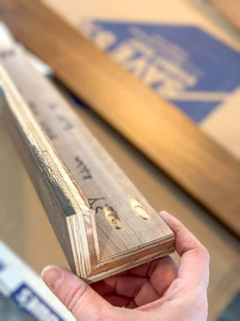 Pocket holes in 1x3 walnut shelf.