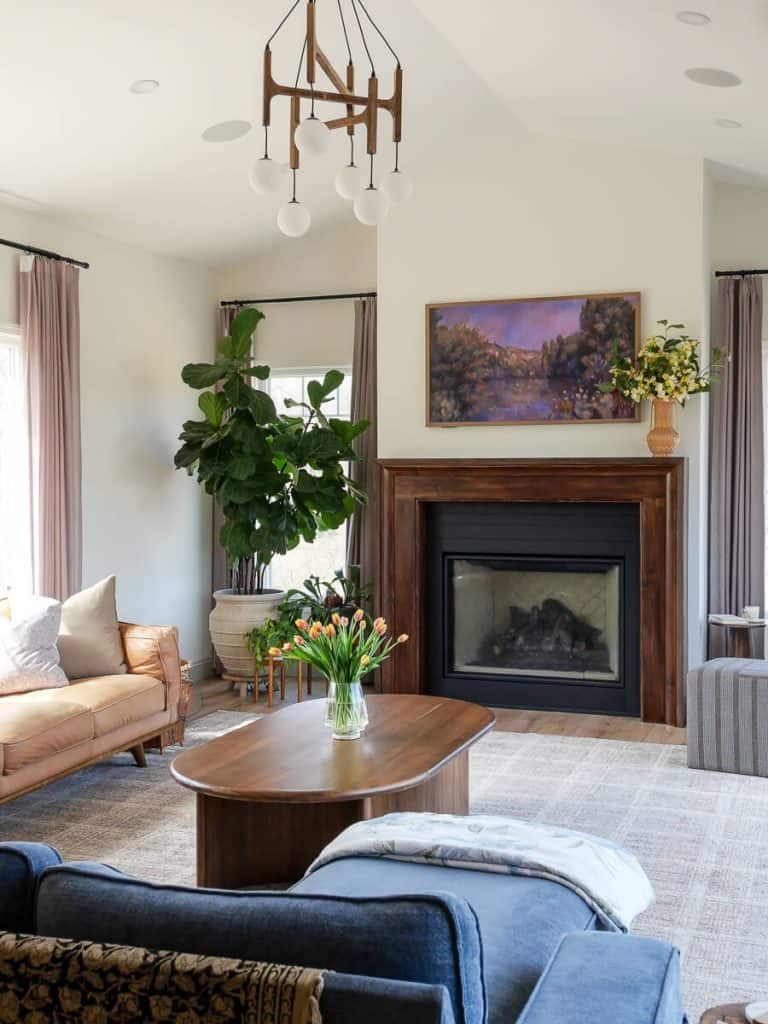 Tulips on a coffee table in a modern living room.