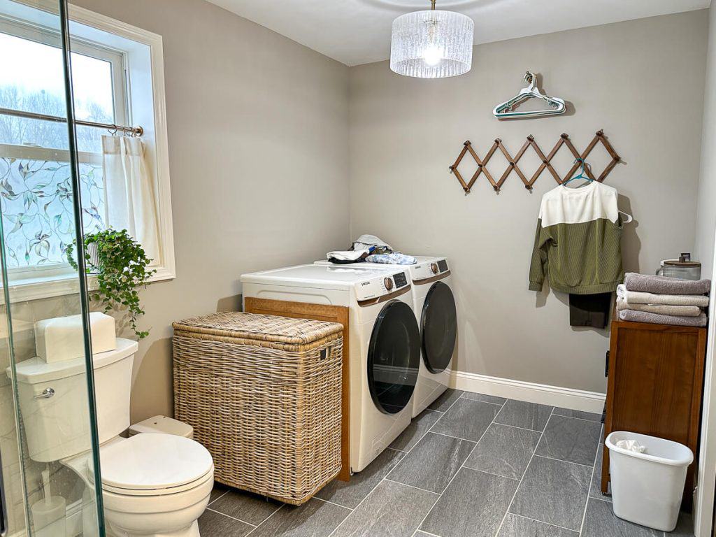 Laundry room washer dryer before cabinet.