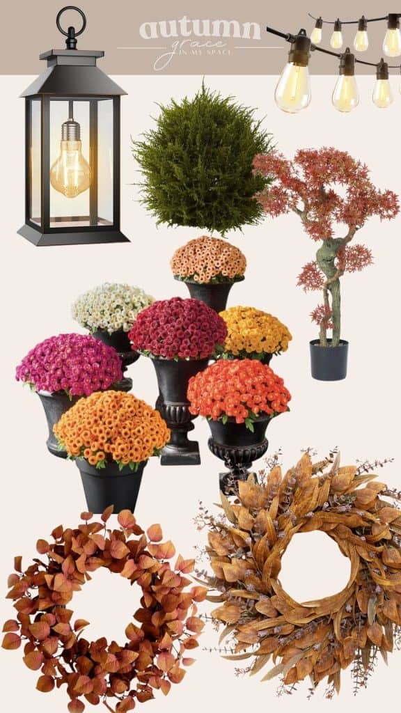 Collage of autumn faux plants for a front porch.