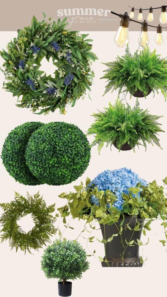Summer style faux outdoor plants in a collage.