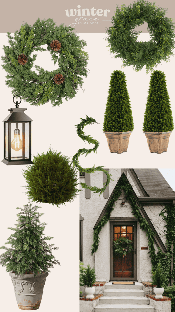 Collage of winter themed faux plants.