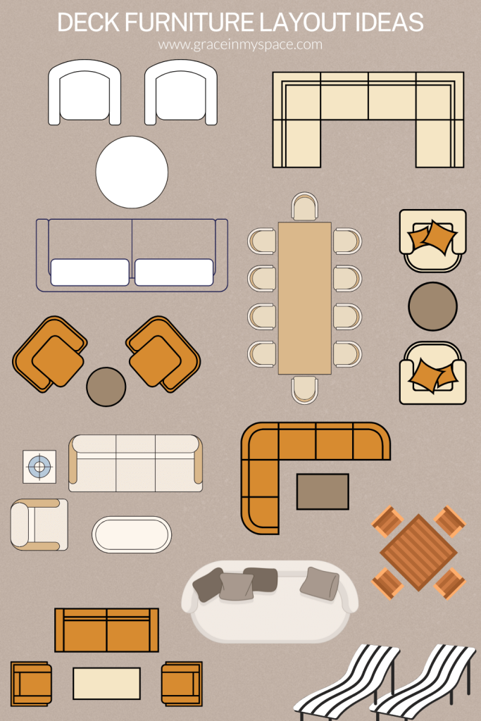 Different outdoor living space furniture layouts.