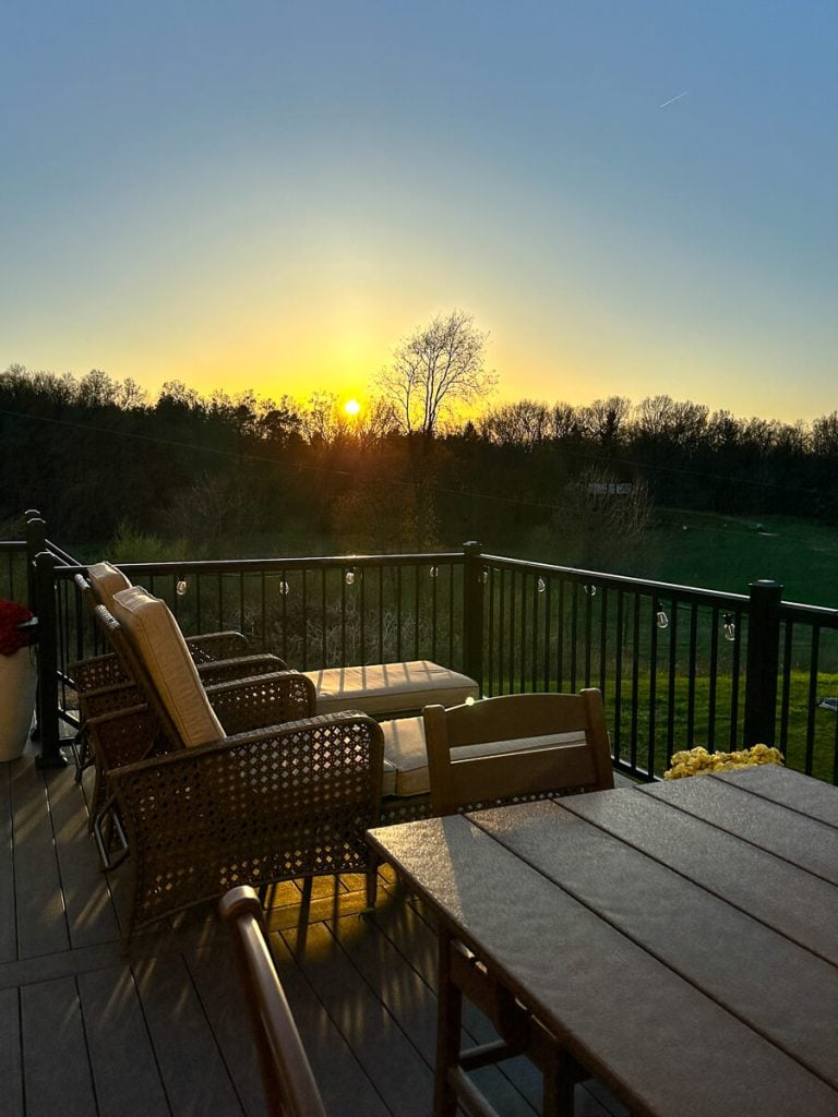 Outdoor lounge chairs in an outdoor living space.
