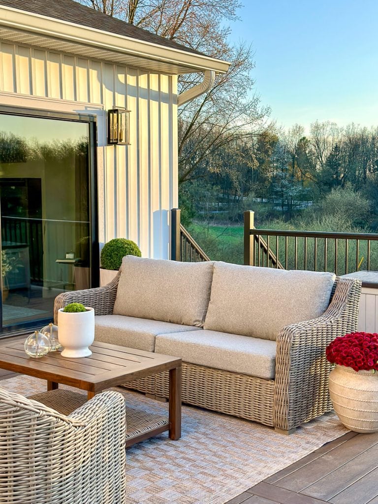 Faux plants in an outdoor living space.
