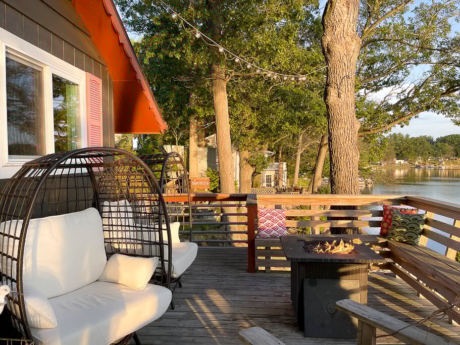 Outdoor fire pit on a deck.