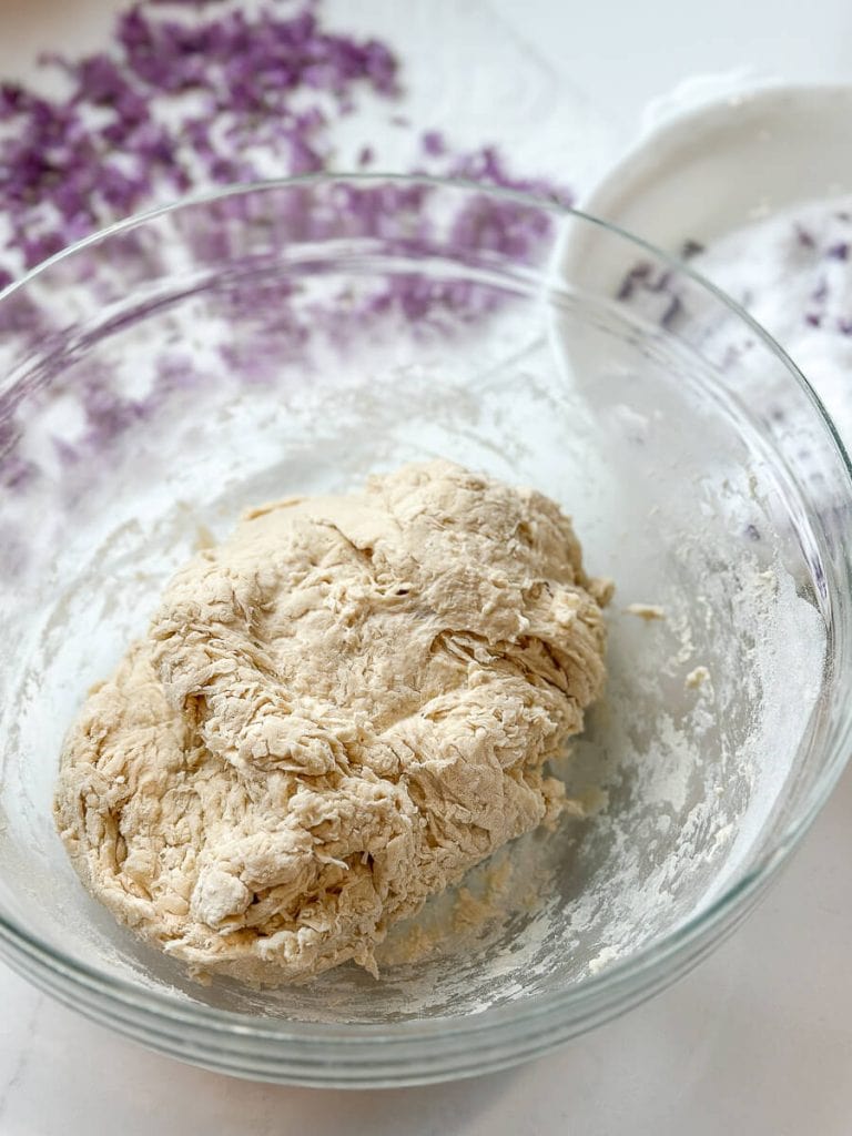 Shaggy sourdough dough in a clear bowl.
