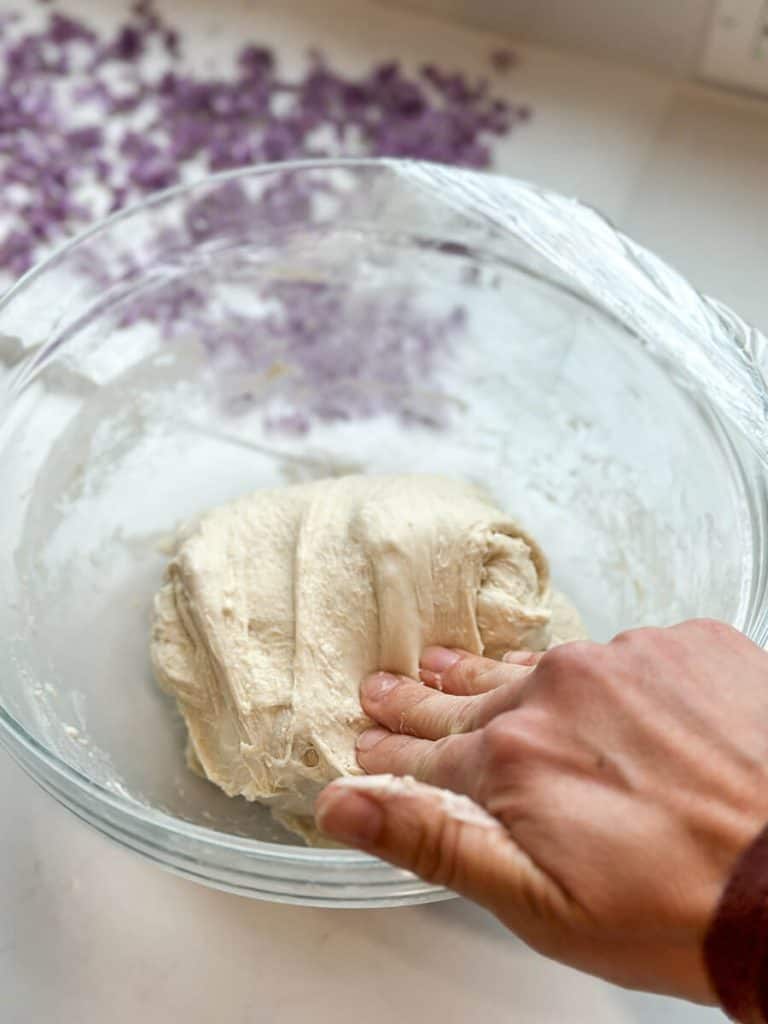 Folding dough for a set of sourdough stretch and folds.