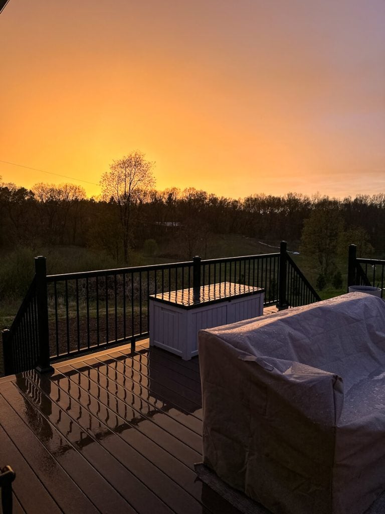 Covered patio furniture in the rain.