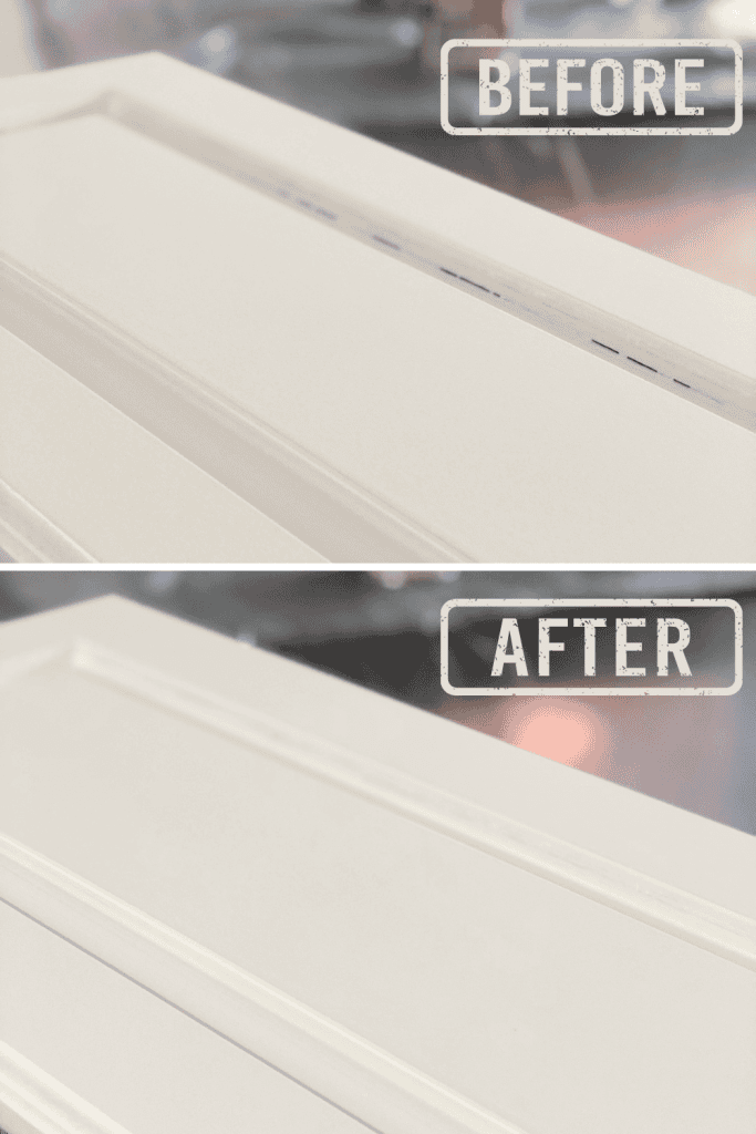 Before and after of painted kitchen cabinets after caulking.