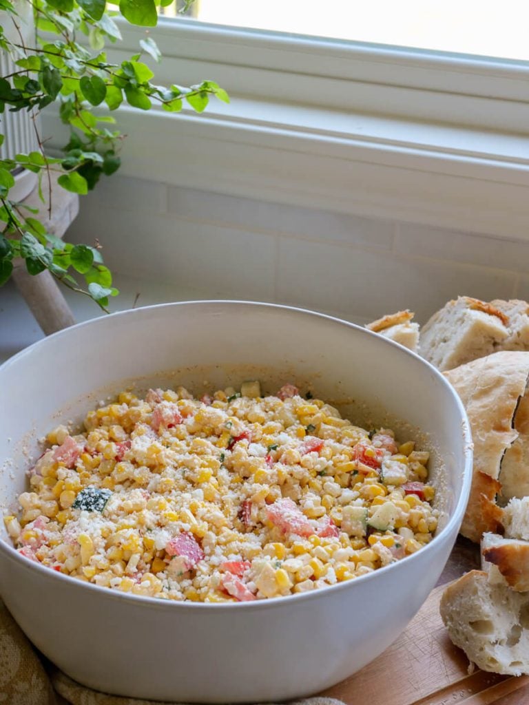 Easy Mexican street corn recipe in a bowl.