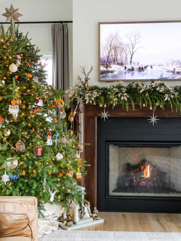 Cozy fireplace decorated for Christmas.