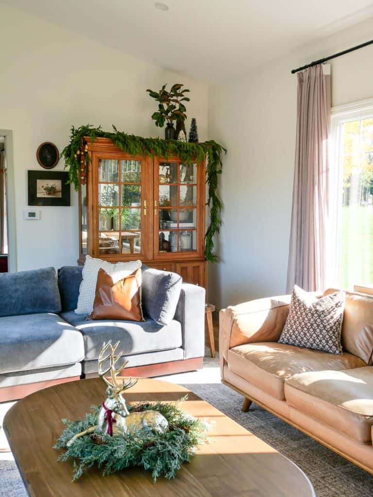 Deer in a wreath on the coffee table.