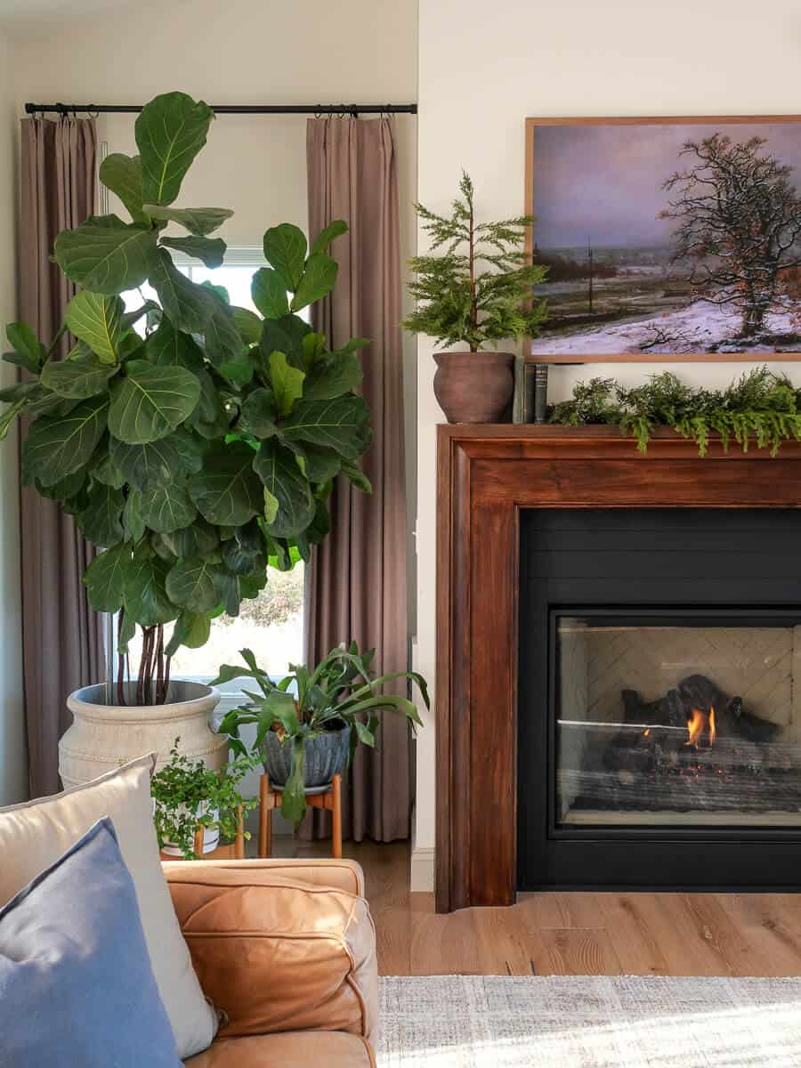 Potted tree and garland on a fireplace mantel.