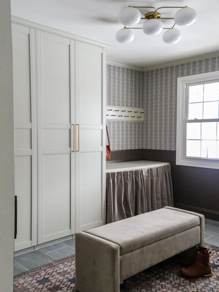 DIY mudroom organization with bench seating.