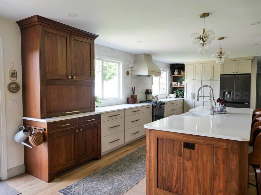 Kitchen with walnut cabinets.
