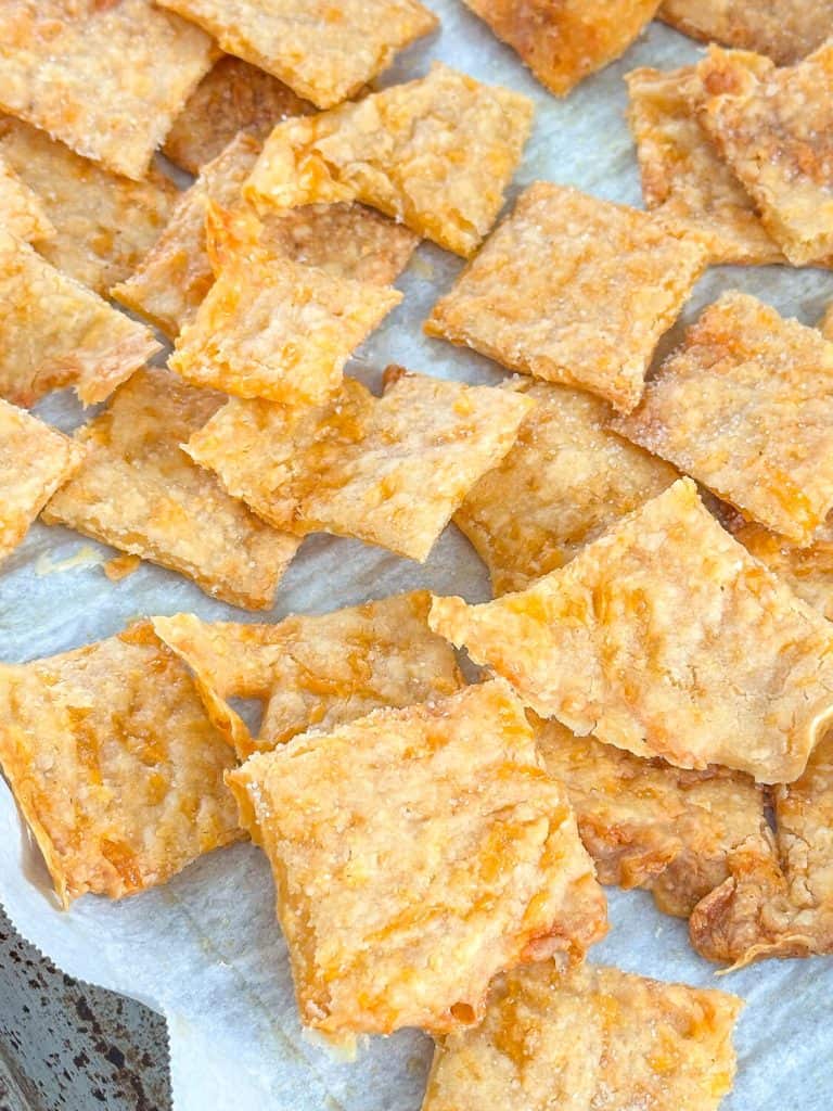 Broken up sourdough discard cheese crackers.