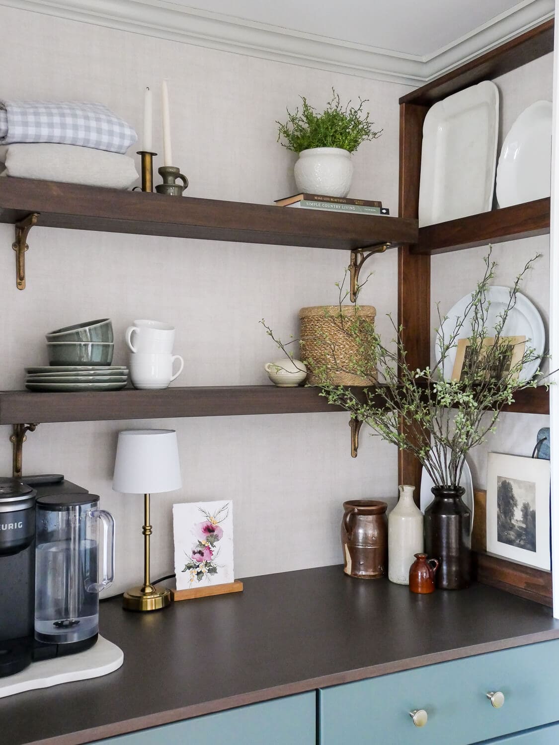 Coffee bar shelving decorated for spring, off the kitchen.