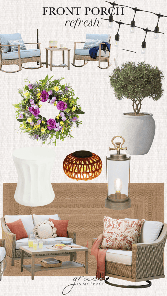 Collage of outdoor furniture for a seating area.