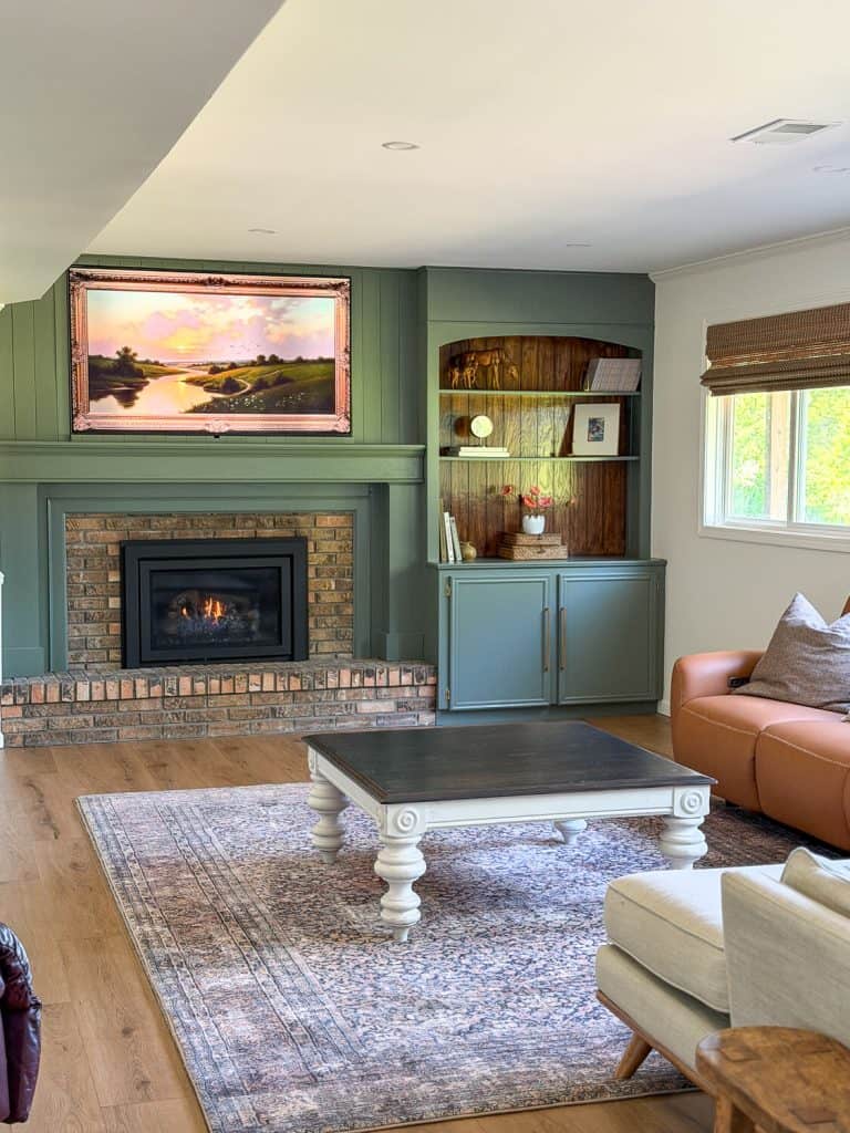 Family room with coffee table and sofas.