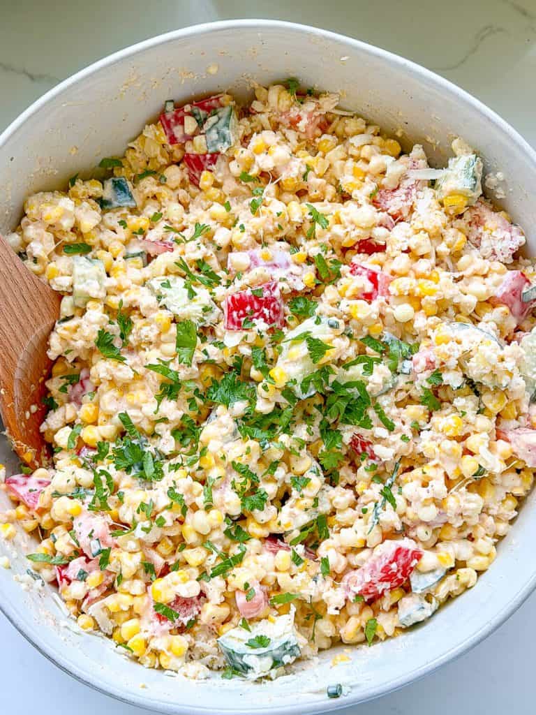 Mexican street corn in a bowl.